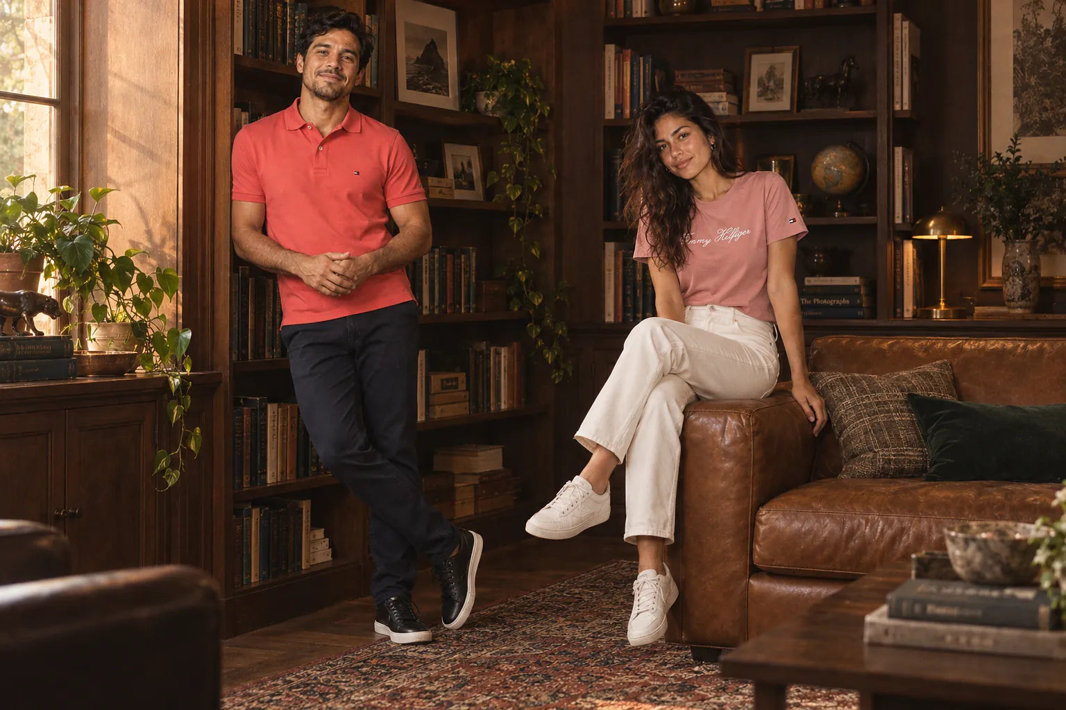 Homem de polo coral encostado em uma estante e mulher de camiseta rosa sentada no sofá de couro, em uma biblioteca