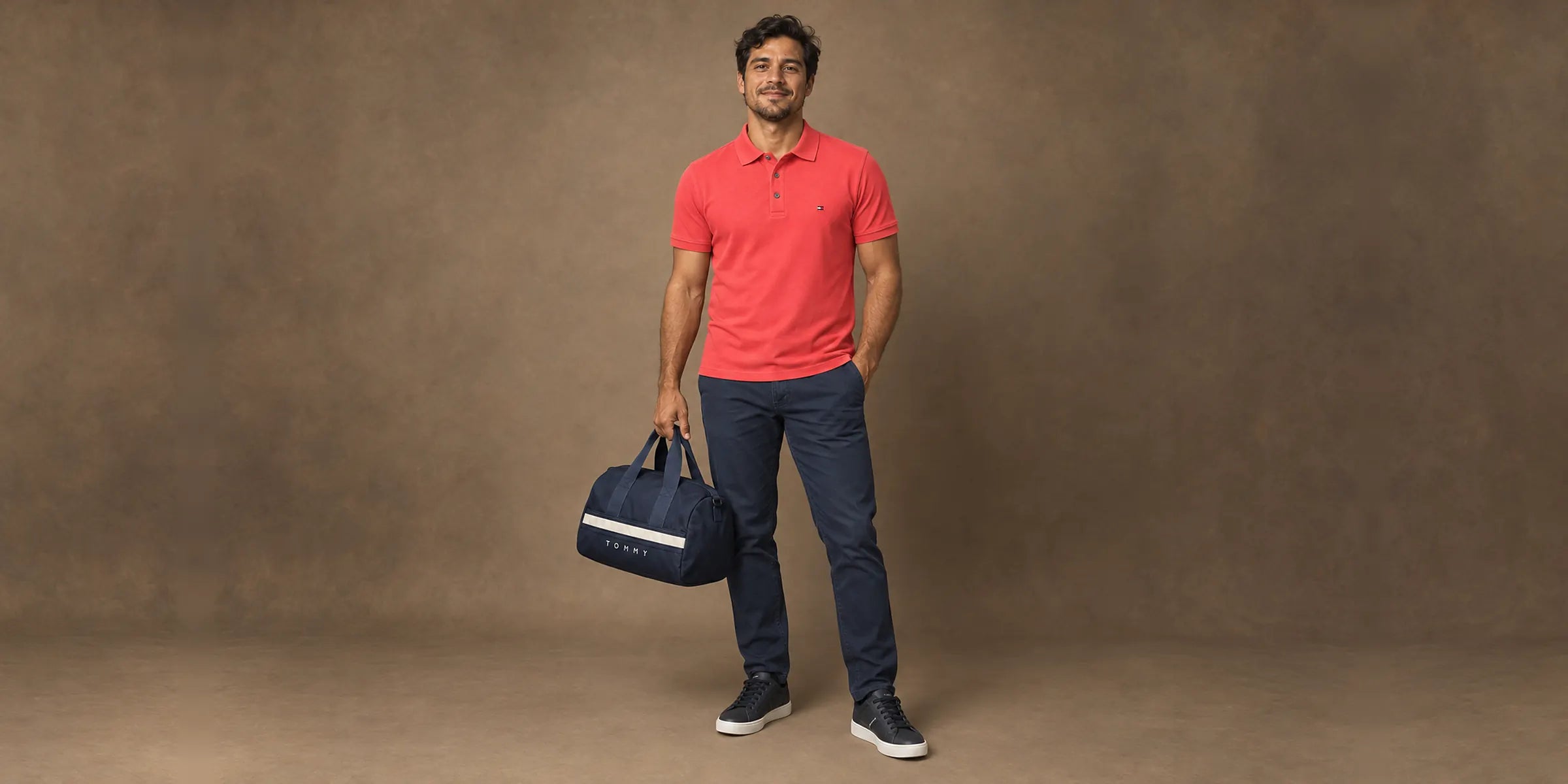 Homem de polo coral, calça azul-marinho e tênis preto, segurando uma bolsa duffle azul-marinho, em estúdio